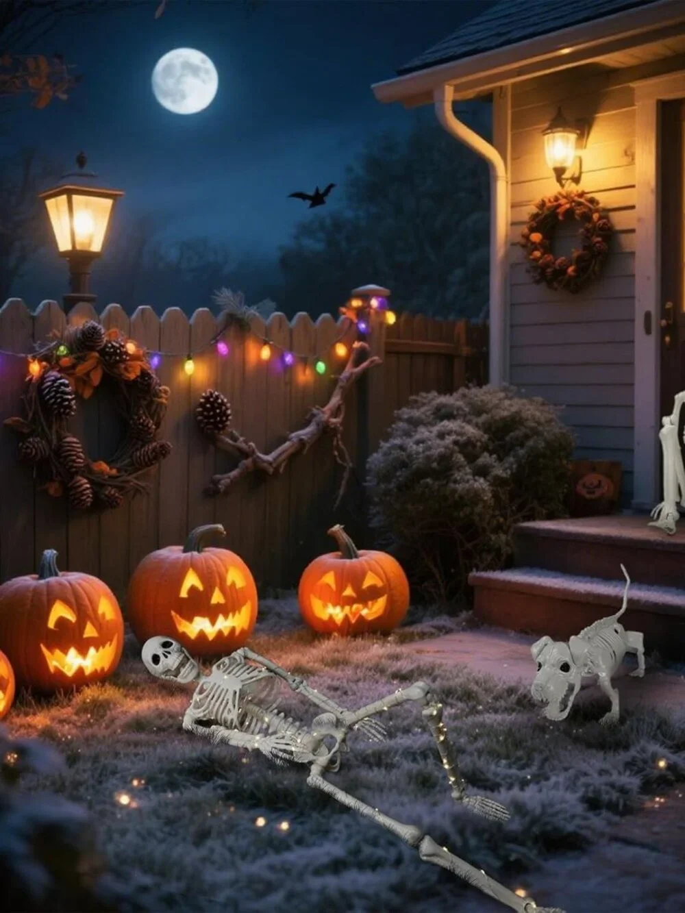 3FT Lighted Human Skeleton w Skeleton Dog Halloween Decor Posable Indoor Outdoor
